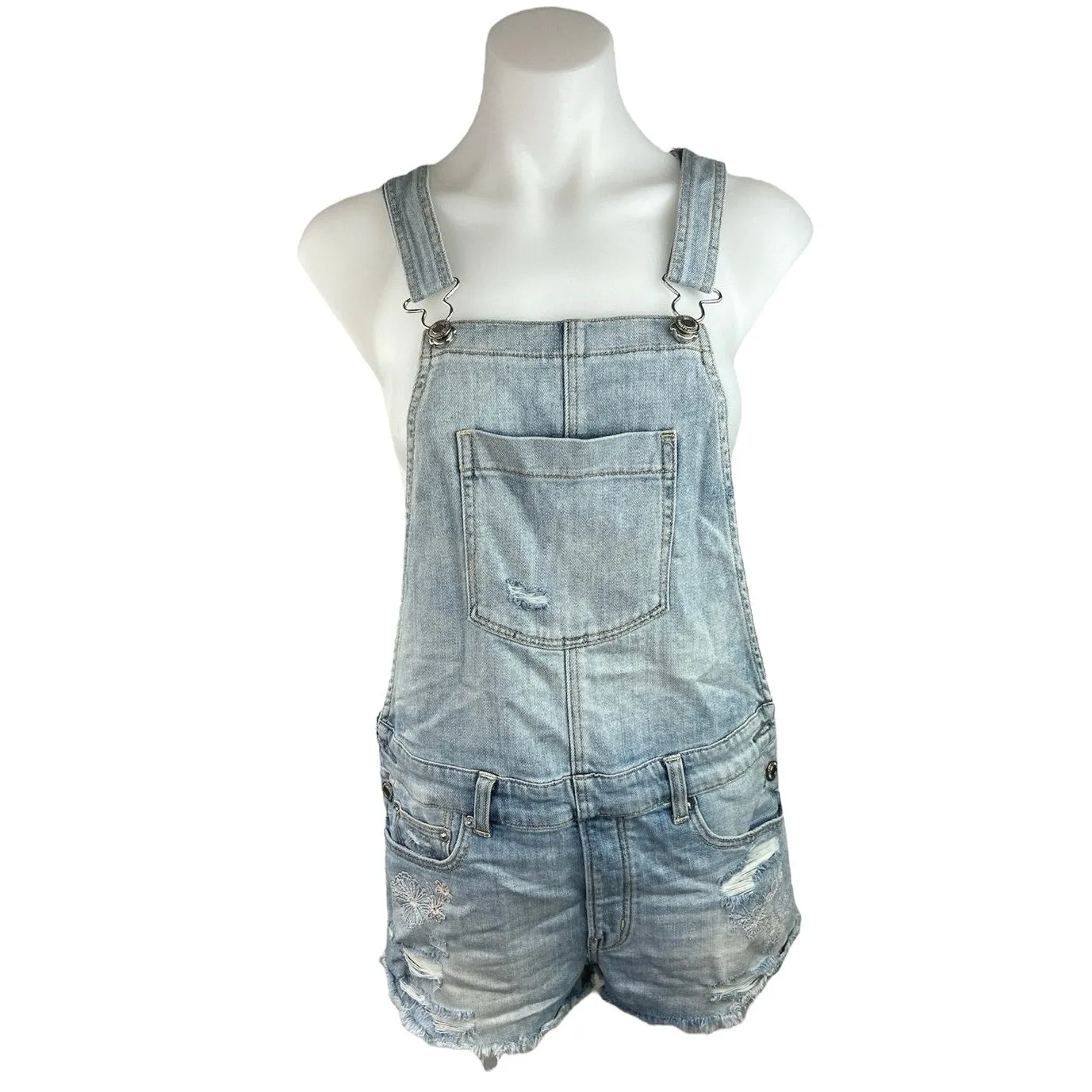 American Eagle Outfitters Distressed Frayed Denim Overall Romper Jumpsuit Sz XS