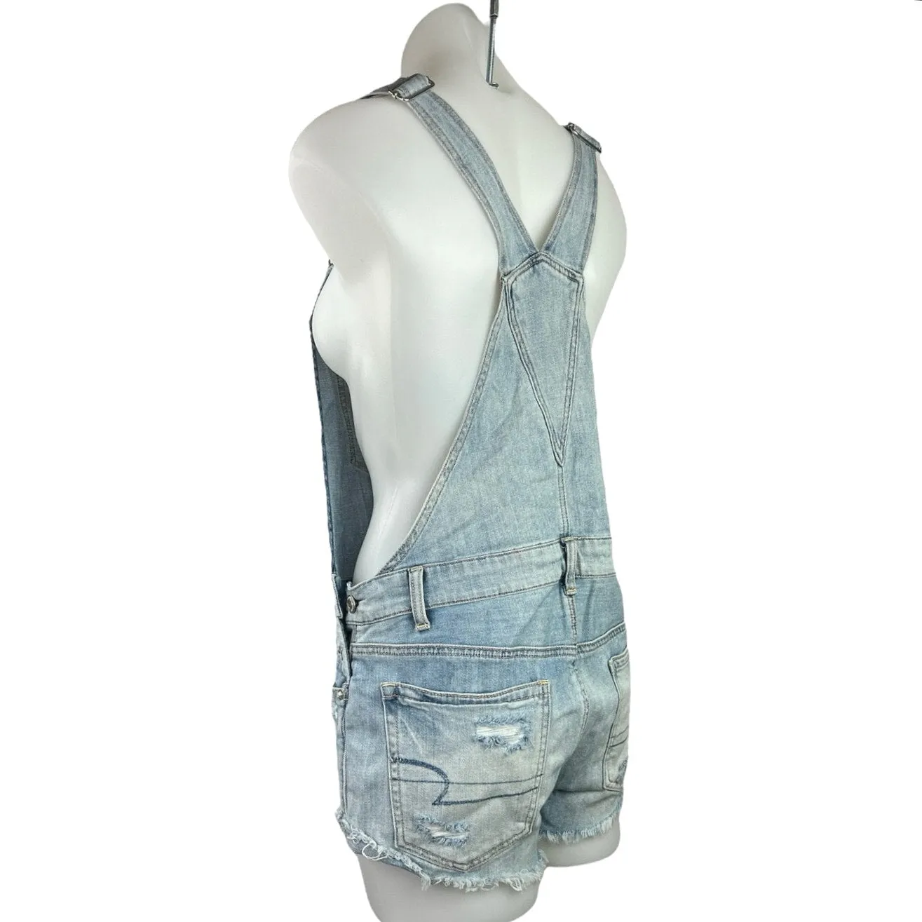 American Eagle Outfitters Distressed Frayed Denim Overall Romper Jumpsuit Sz XS