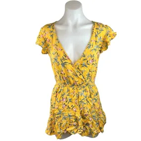 American Eagle Outfitters Yellow Floral Faux Wrap Ruffle Jumpsuit Romper Size XS