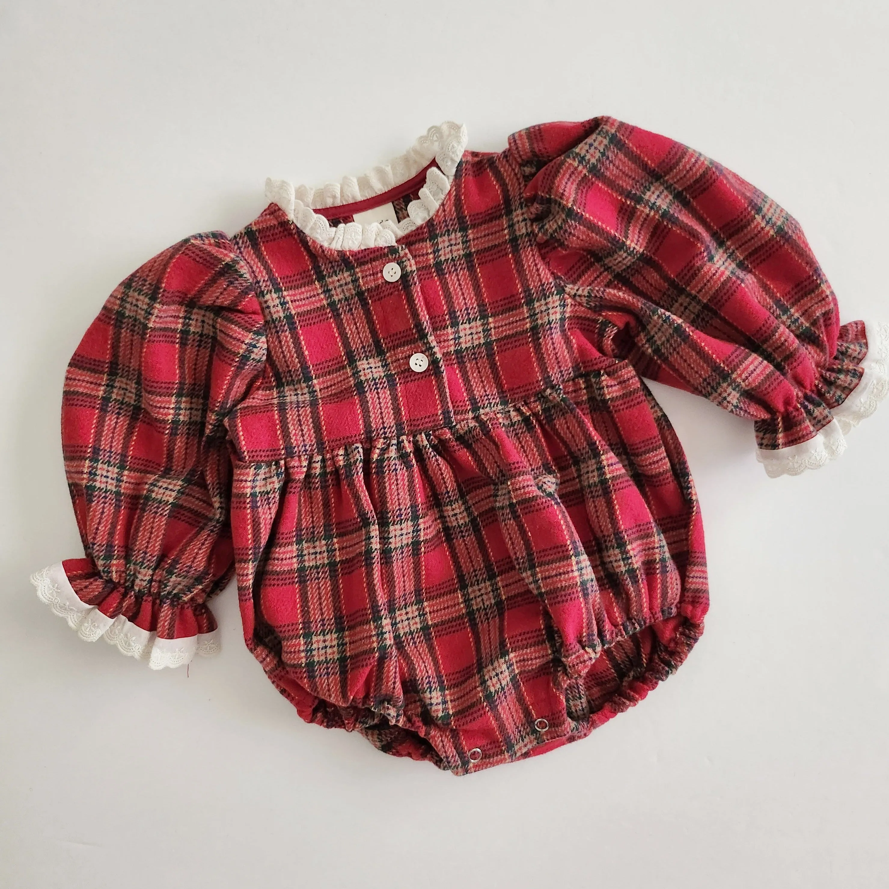 Baby Lace Detail Red Tartan Romper  (3m-18m)