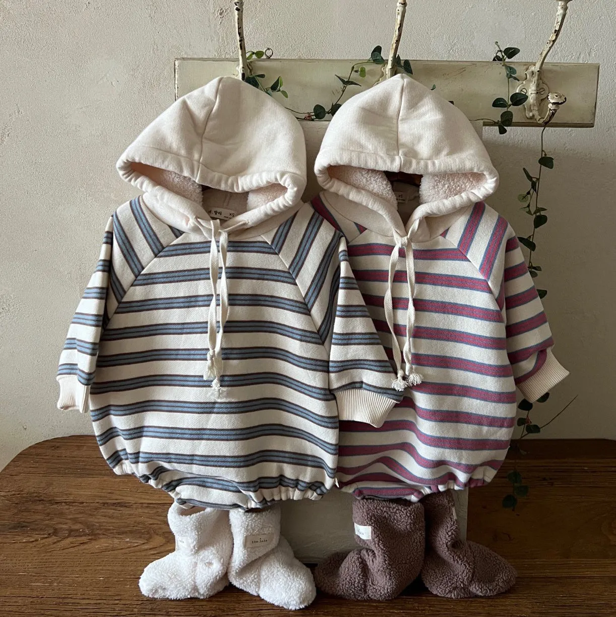 Baby Lala W24 Sherpa Lined Stripe Hooded Romper (6-24m) - 2 Colors