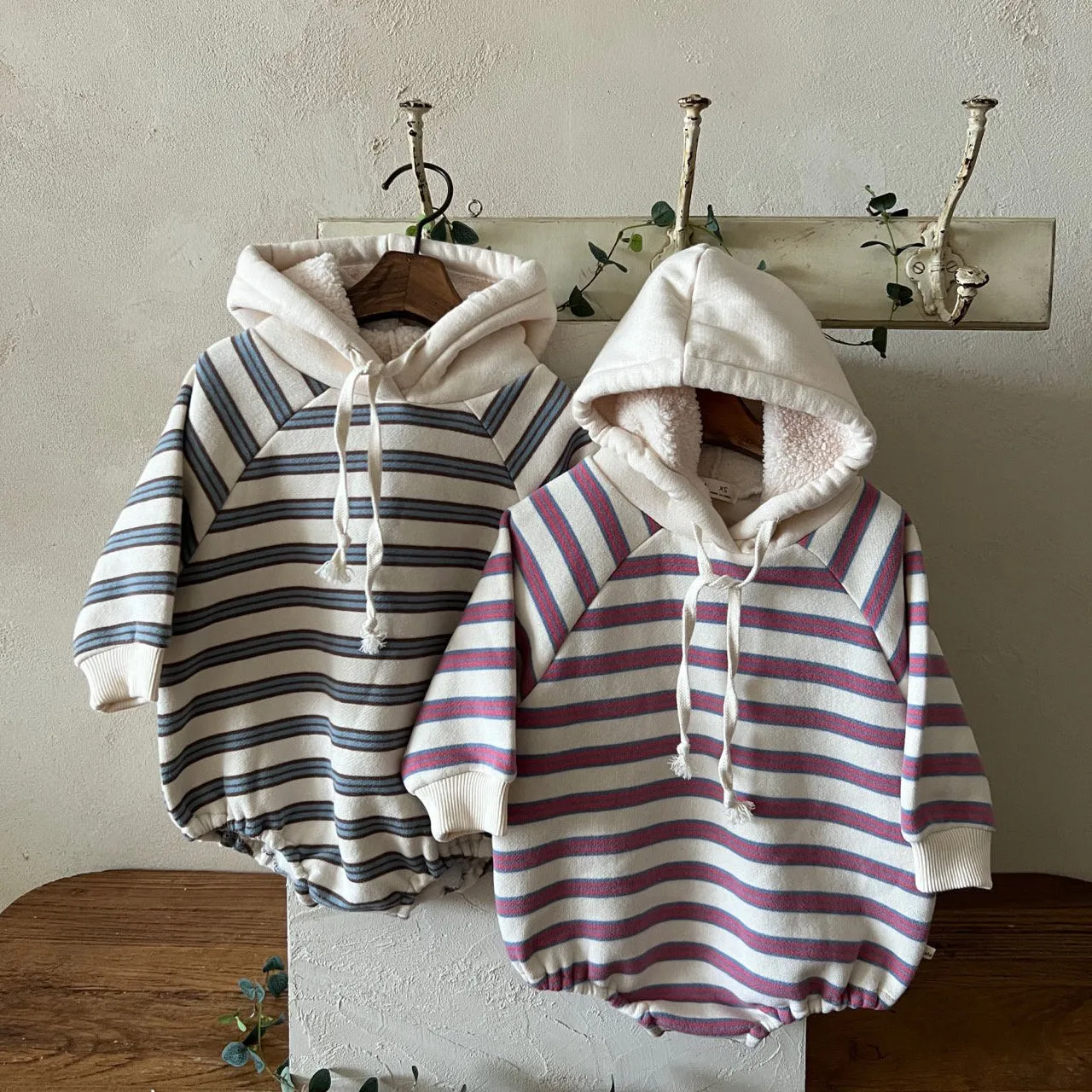 Baby Lala W24 Sherpa Lined Stripe Hooded Romper (6-24m) - 2 Colors