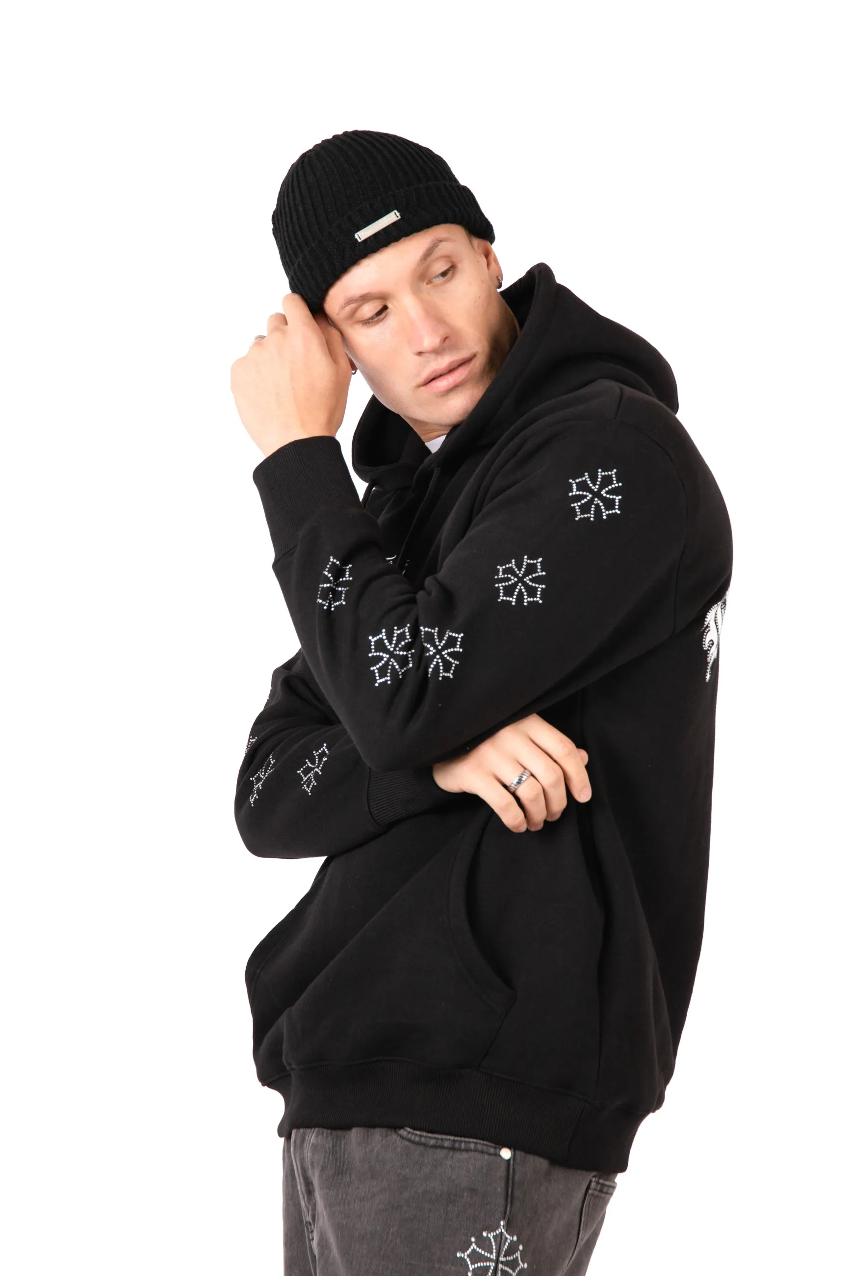 Black Rhinestone Embellished 'Blessed' Motif Hoodie