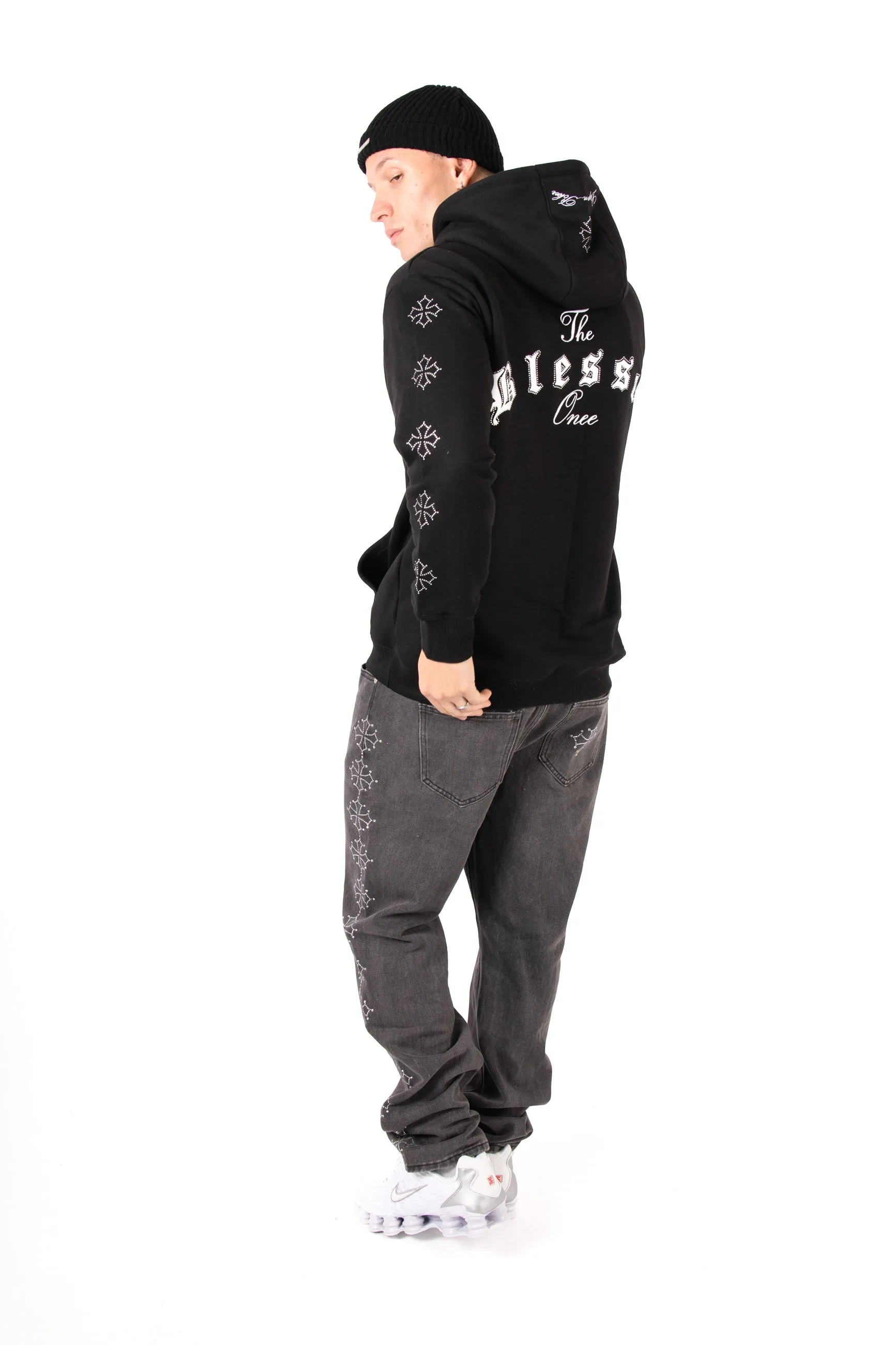 Black Rhinestone Embellished 'Blessed' Motif Hoodie