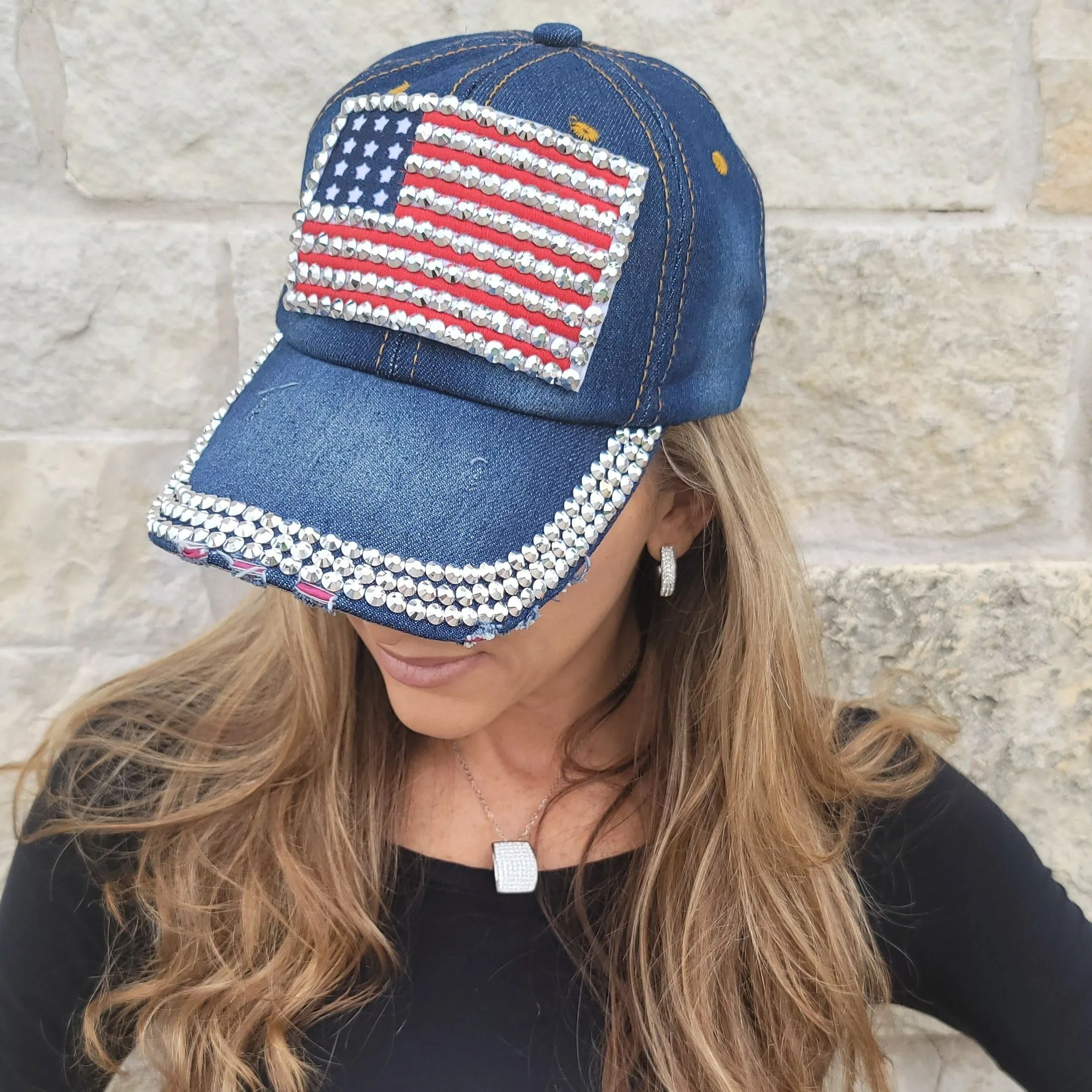 Dark Jean Hat with Small Rhinestone American Flag