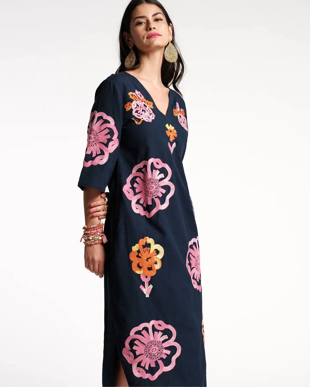 Frances Valentine Emi Dress Graphic Gerbera Cotton Linen Navy/Pink