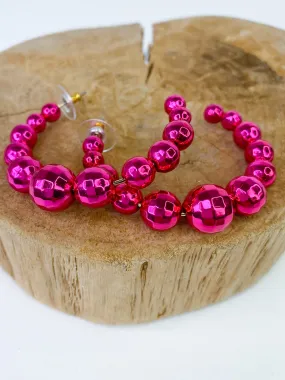 Fuchsia Disco Ball Hoop Earring