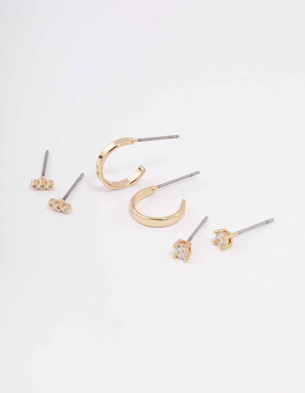 Gold Cubic Zirconia Huggie & Stud Earring 3-Pack