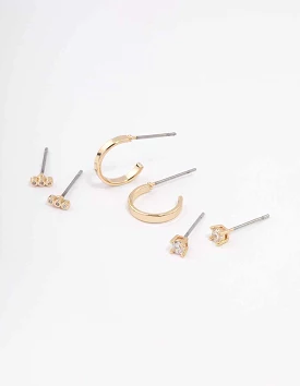 Gold Cubic Zirconia Huggie & Stud Earring 3-Pack