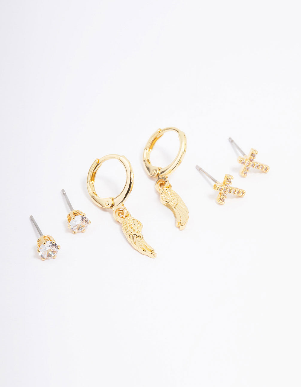 Gold Plated Cross Wing Cubic Zirconia Earring 3-Pack