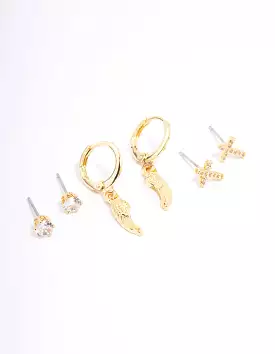 Gold Plated Cross Wing Cubic Zirconia Earring 3-Pack