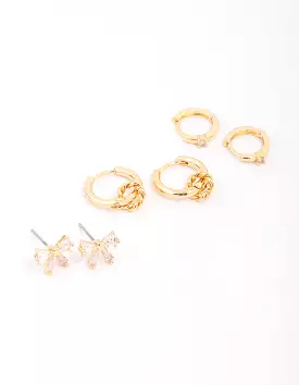 Gold Plated Cubic Zirconia Bow Earring 3-Pack