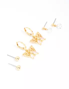 Gold Plated Cubic Zirconia Butterfly Earring 3-Pack