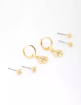 Gold Plated Cubic Zirconia Coin Earring 3-Pack