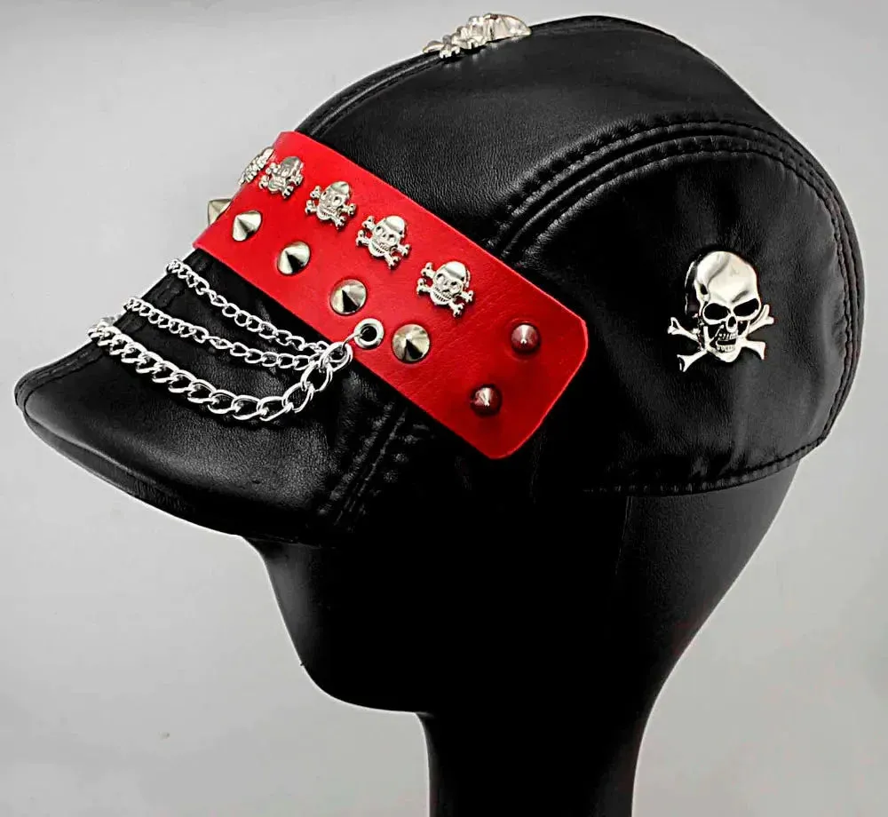 Hip Hop Style Patchwork Pattern Genuine Leather Biker Hat for Men and Women