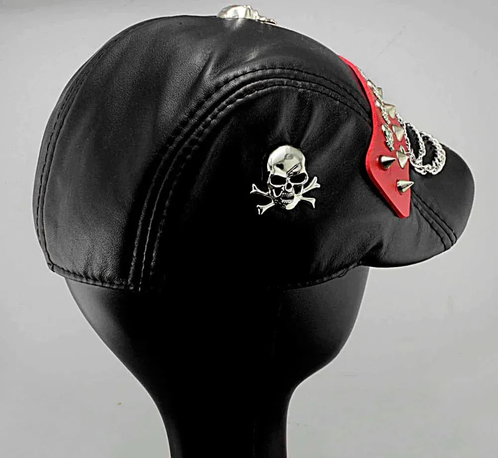 Hip Hop Style Patchwork Pattern Genuine Leather Biker Hat for Men and Women