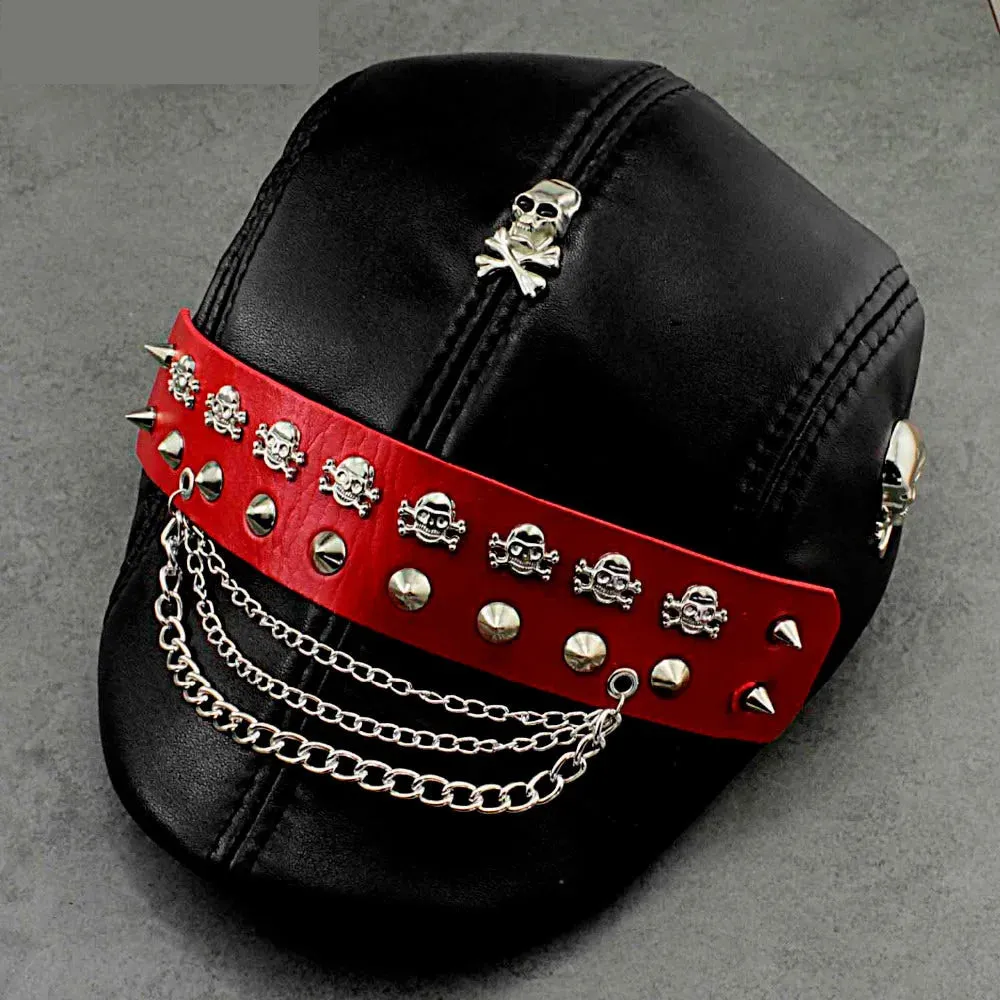 Hip Hop Style Patchwork Pattern Genuine Leather Biker Hat for Men and Women