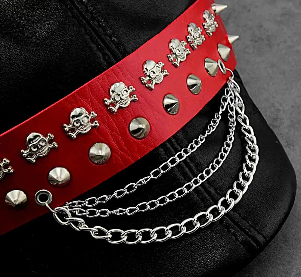 Hip Hop Style Patchwork Pattern Genuine Leather Biker Hat for Men and Women