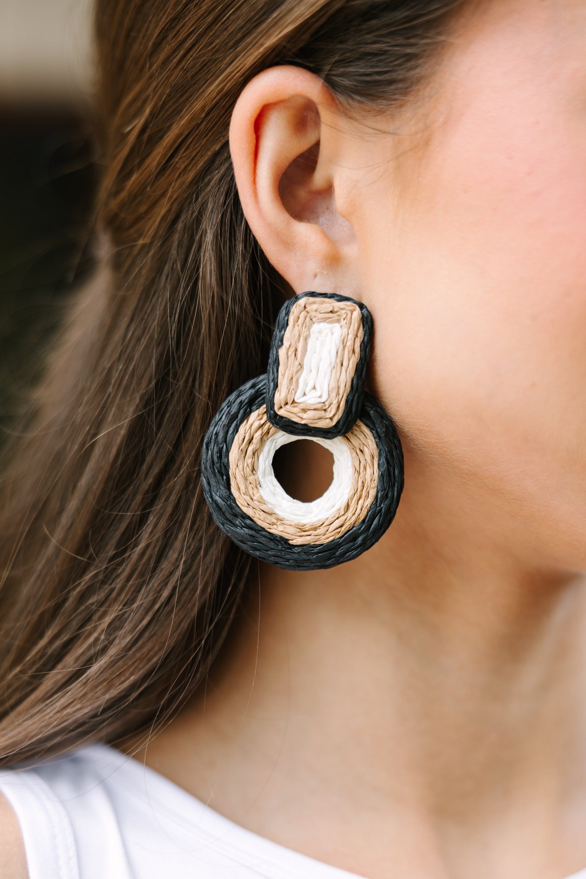 Just So Me Woven Black and Tan Geometric Earring