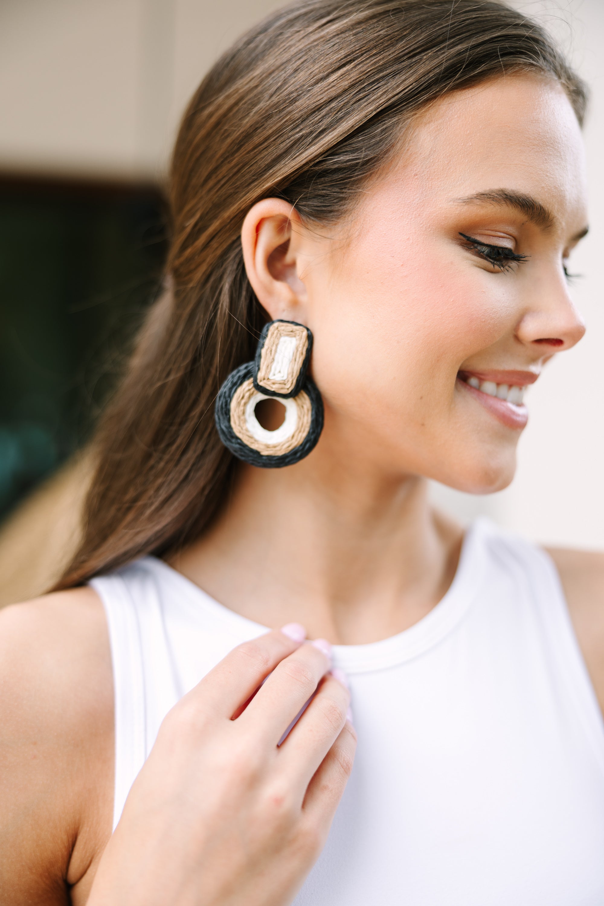 Just So Me Woven Black and Tan Geometric Earring