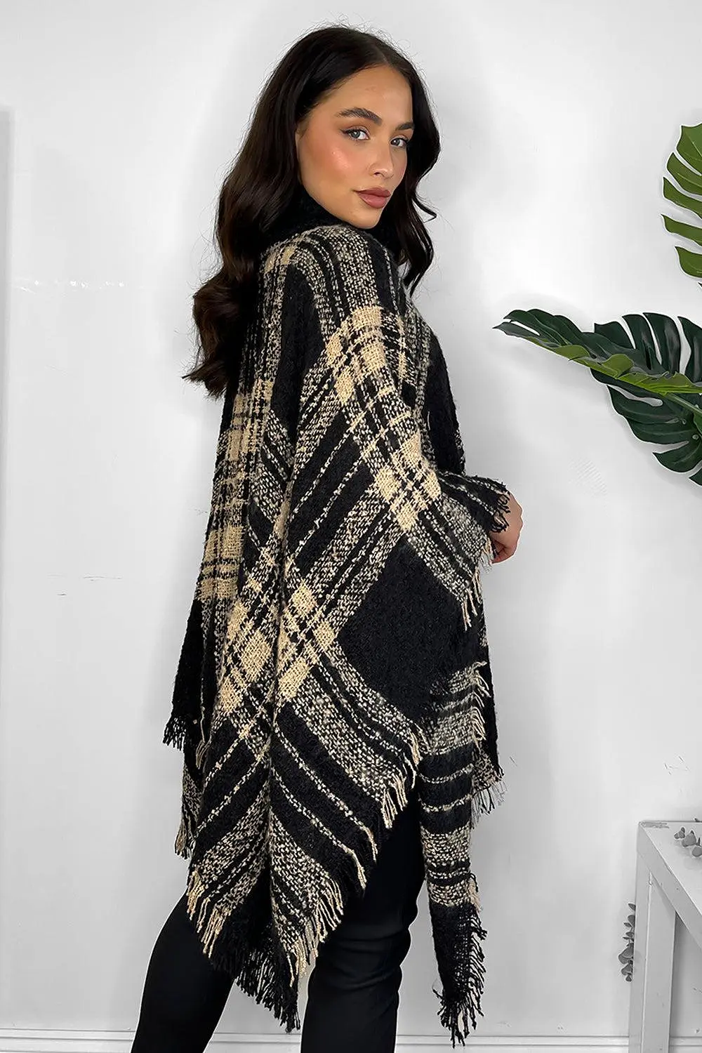 Knitted Large Collar Checked Knitted Poncho