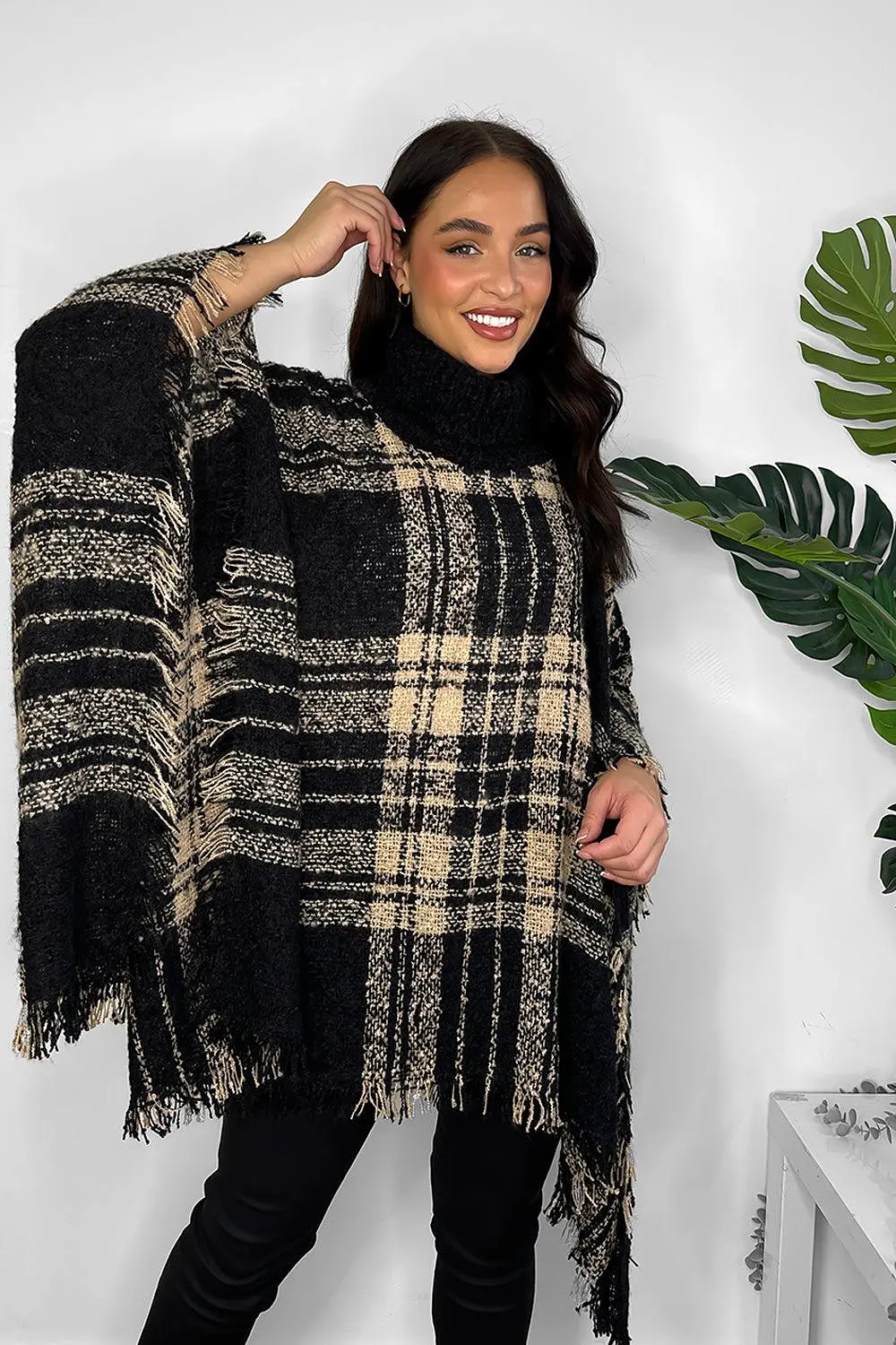 Knitted Large Collar Checked Knitted Poncho