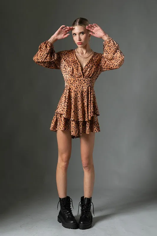 Kotys Satin Long Sleeve Romper - Camel/Black