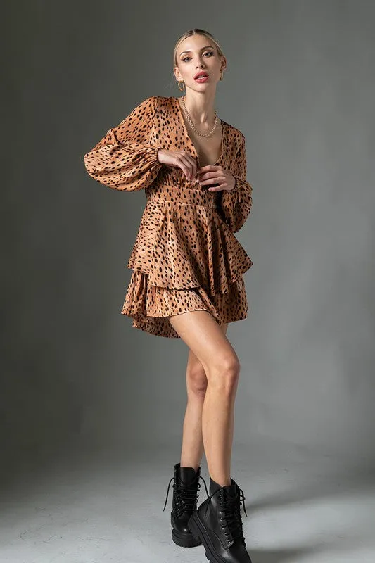 Kotys Satin Long Sleeve Romper - Camel/Black