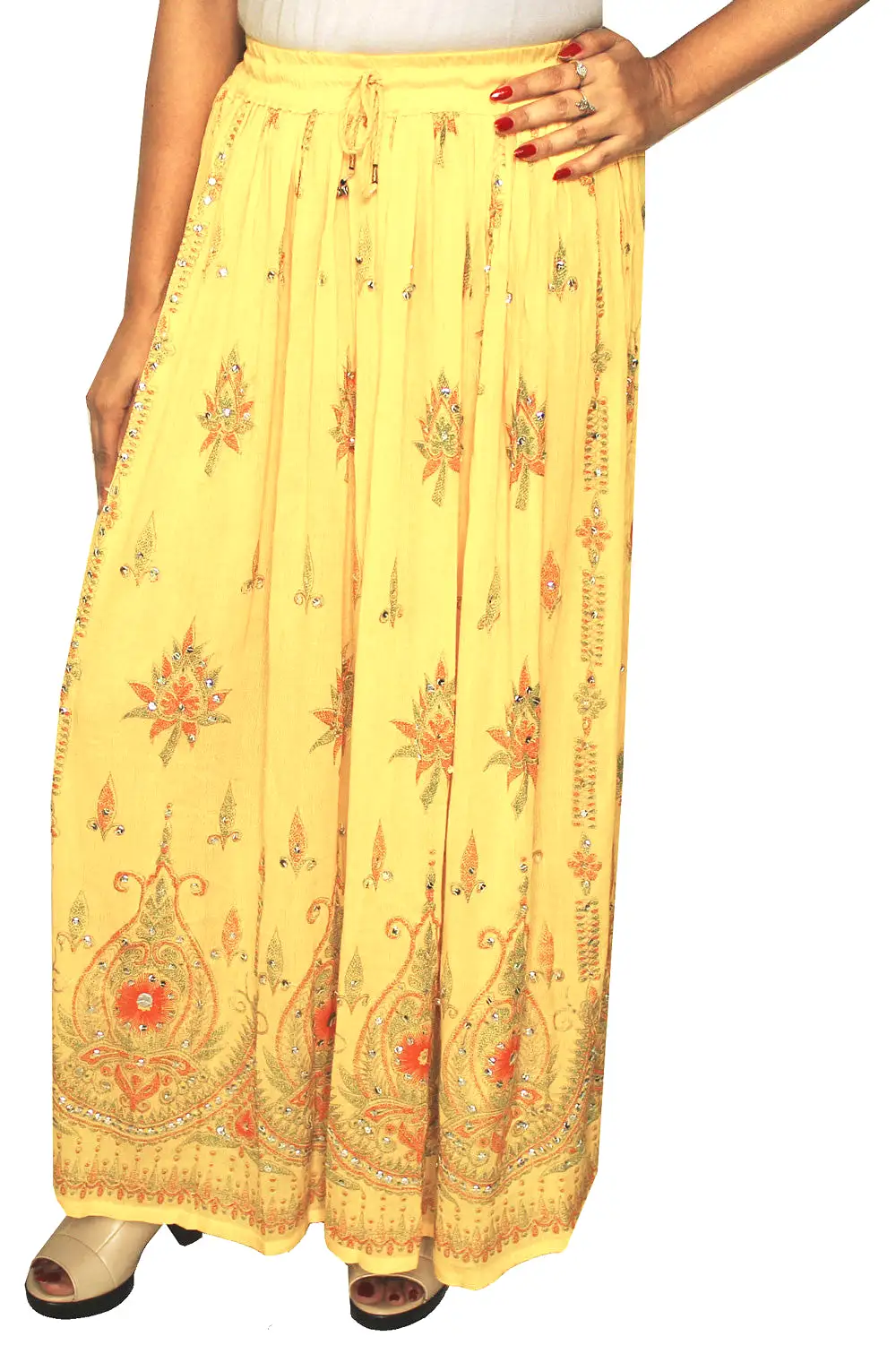 Long Skirts Sequins Ankle Length Rayon India Apparel (Yellow)