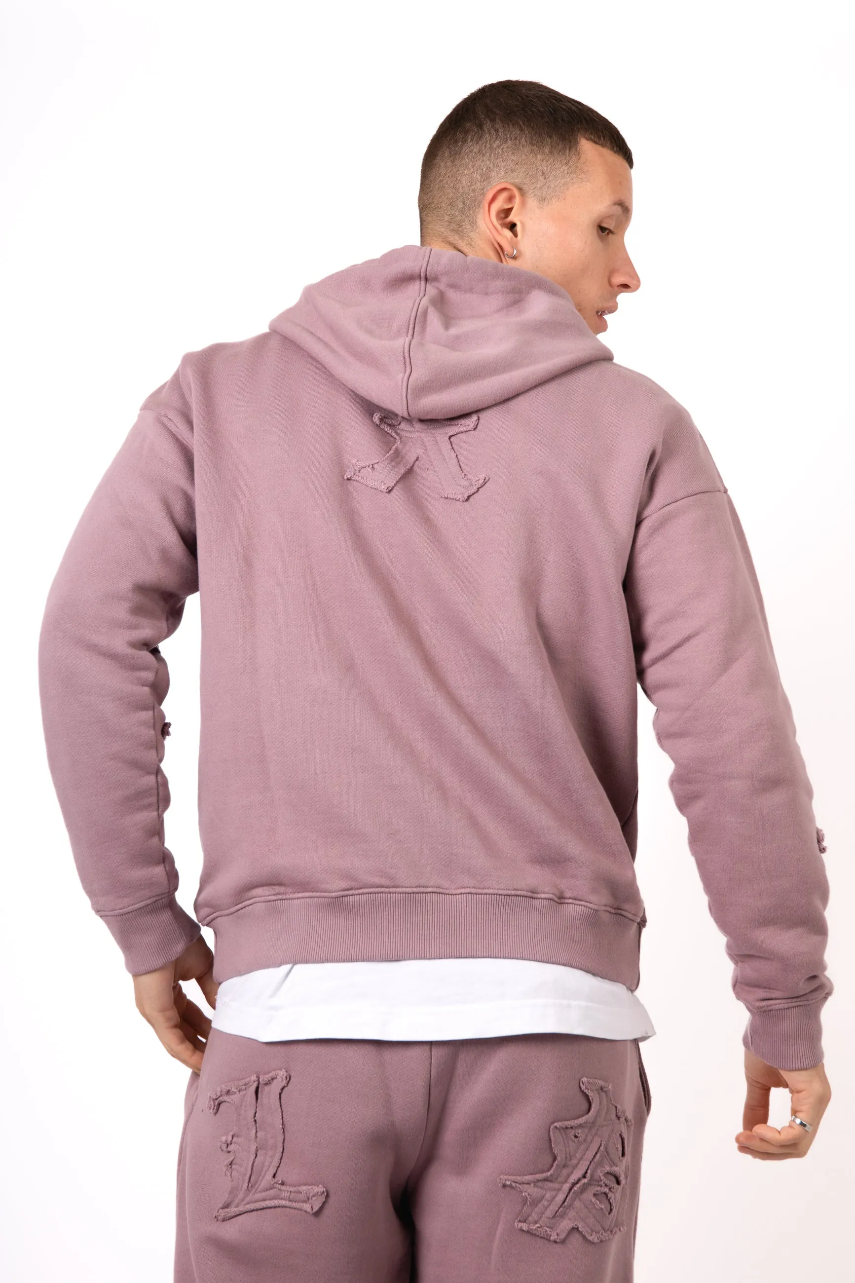 Mauve All Over 'LNP' Frayed Motif Hoodie