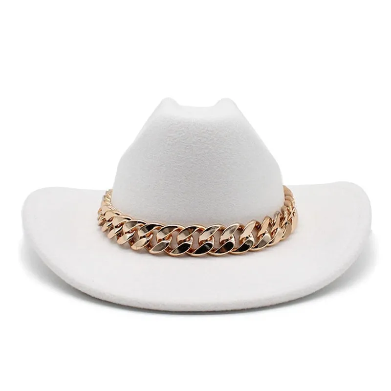 Men and Women Vintage Formal Gold Chain Band Wide Brim Cowboy Hat