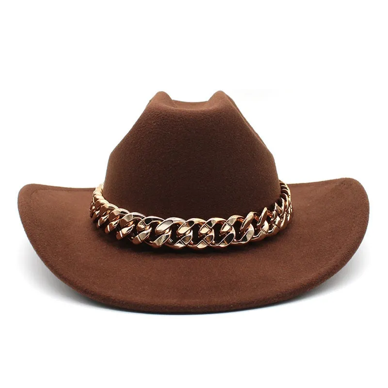 Men and Women Vintage Formal Gold Chain Band Wide Brim Cowboy Hat