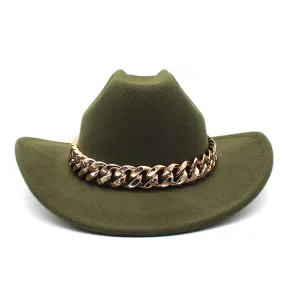 Men and Women Vintage Formal Gold Chain Band Wide Brim Cowboy Hat