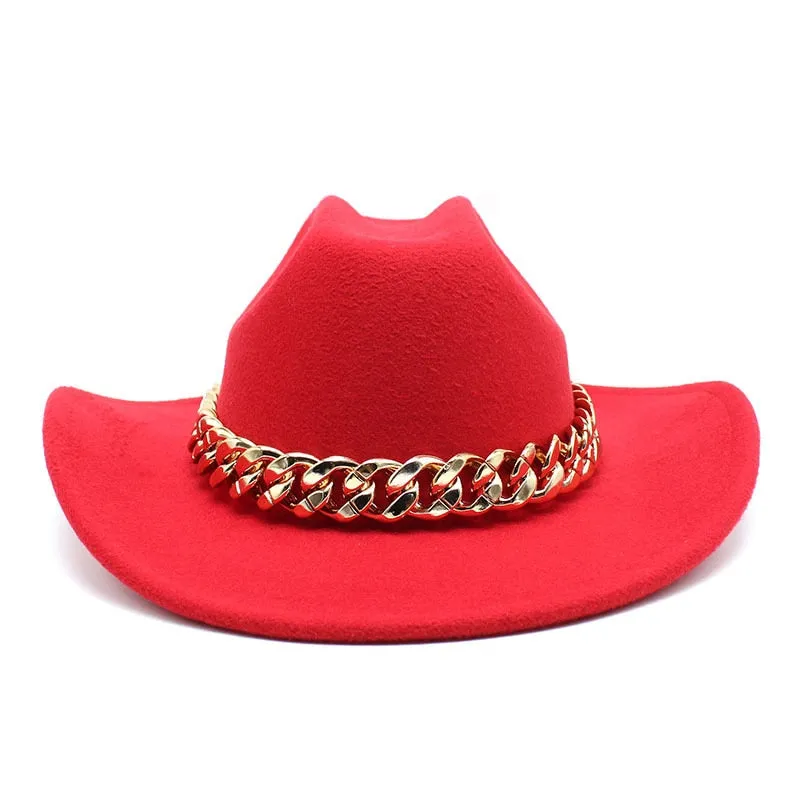 Men and Women Vintage Formal Gold Chain Band Wide Brim Cowboy Hat