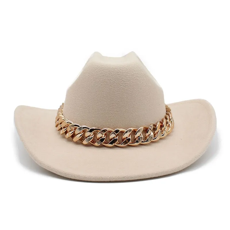 Men and Women Vintage Formal Gold Chain Band Wide Brim Cowboy Hat