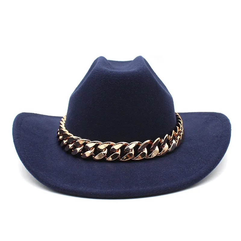 Men and Women Vintage Formal Gold Chain Band Wide Brim Cowboy Hat