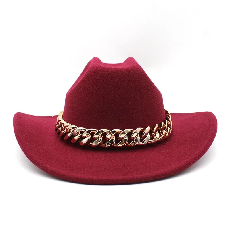 Men and Women Vintage Formal Gold Chain Band Wide Brim Cowboy Hat