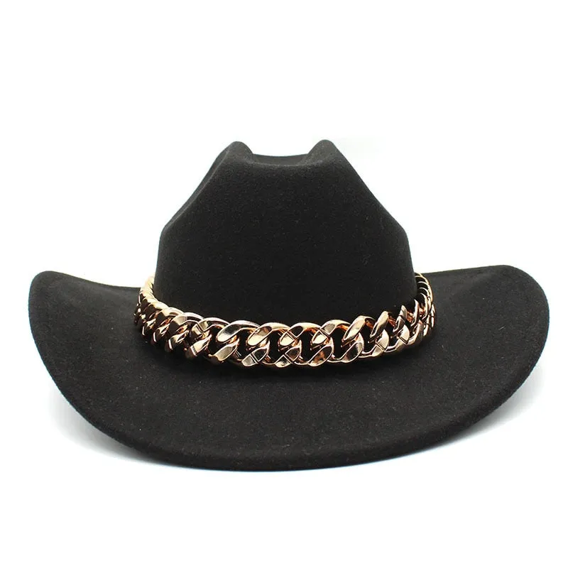 Men and Women Vintage Formal Gold Chain Band Wide Brim Cowboy Hat