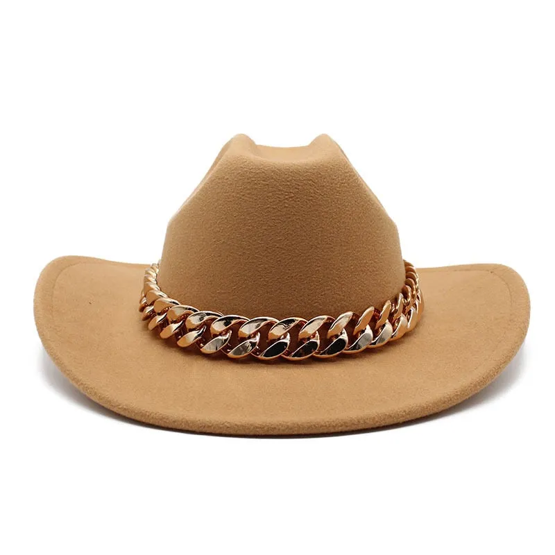 Men and Women Vintage Formal Gold Chain Band Wide Brim Cowboy Hat