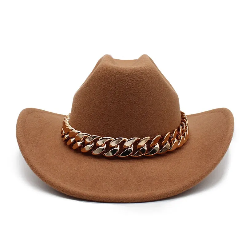 Men and Women Vintage Formal Gold Chain Band Wide Brim Cowboy Hat