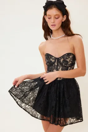 Micola Strapless Bustier Lace Mini Romper / Dress - Black