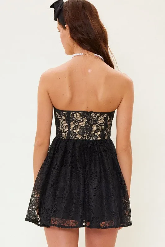 Micola Strapless Bustier Lace Mini Romper / Dress - Black