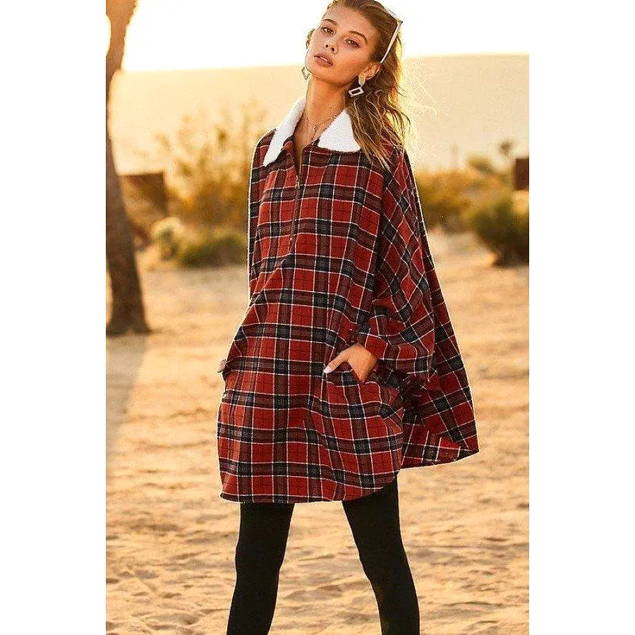 Mock Neck With Zipper Contrast Inside Front Pocket Plaid Poncho