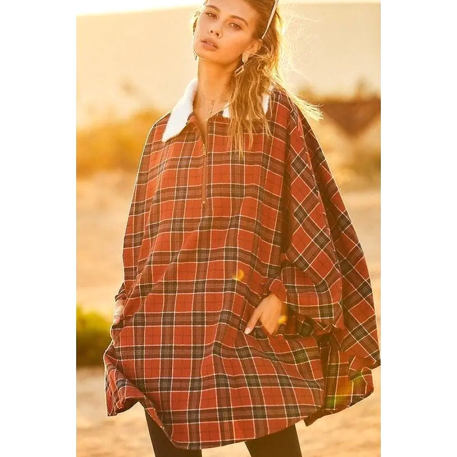 Mock Neck With Zipper Contrast Inside Front Pocket Plaid Poncho