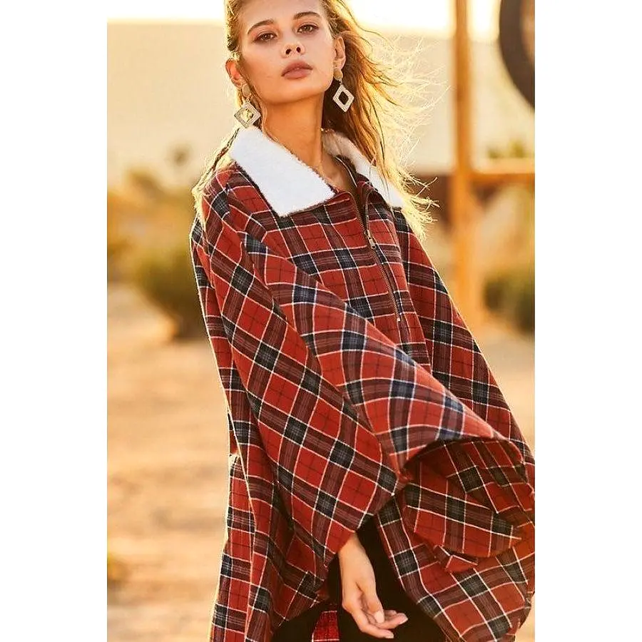 Mock Neck With Zipper Contrast Inside Front Pocket Plaid Poncho