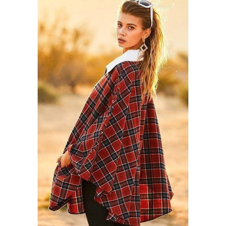 Mock Neck With Zipper Contrast Inside Front Pocket Plaid Poncho