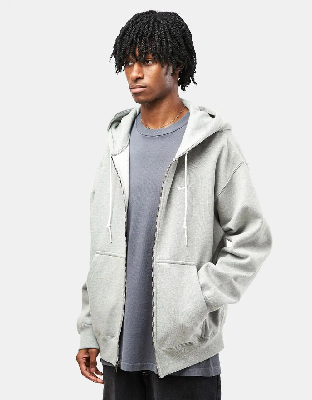 Nike Solo Swoosh Full Zip Hoodie - Dark Grey Heather/White