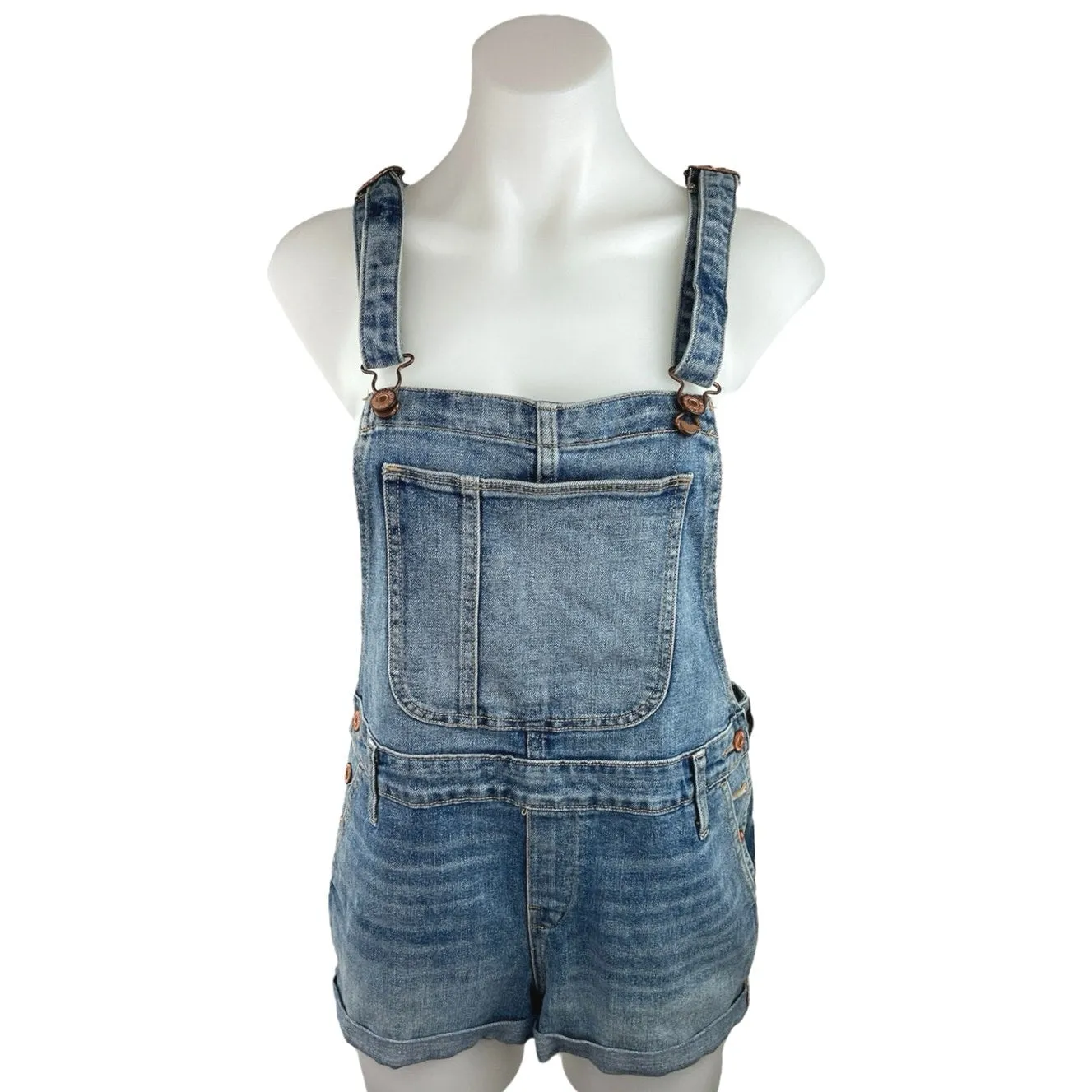 Old Navy Blue Medium Wash Cuffed Stretch Denim Bib  Romper Shorts Overall Size S