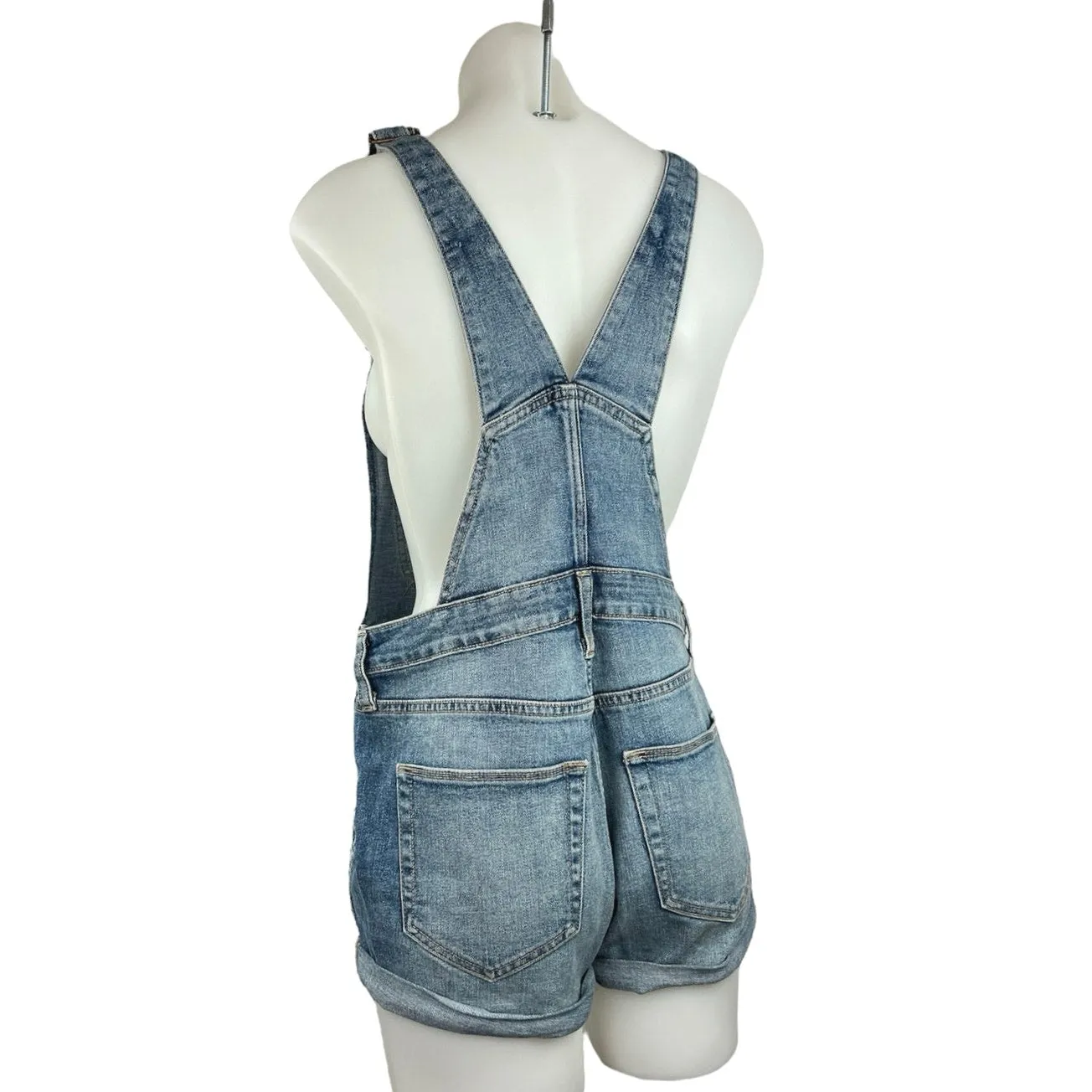 Old Navy Blue Medium Wash Cuffed Stretch Denim Bib  Romper Shorts Overall Size S