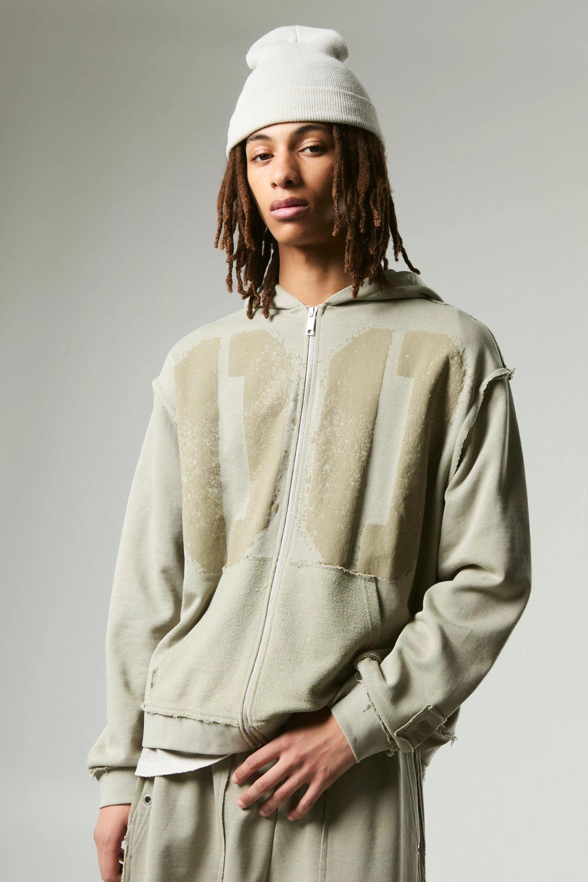 Oversized Boxy Varsity Raw Edge Zip Through Loopback Hoodie